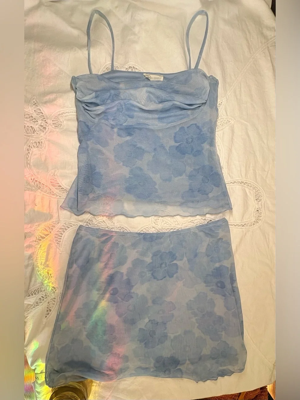 See You Monday Y2K Blue Floral Mesh Cami & Mini Skirt Set 2 Piece Coquette S/M